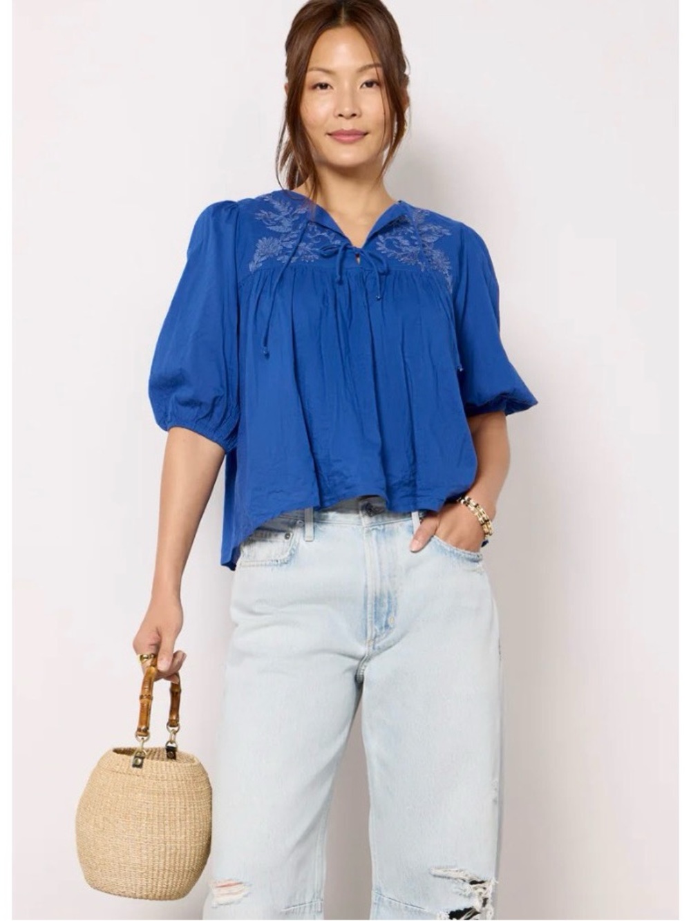 Blue Embroidered Peasant Blouse - Women Tops